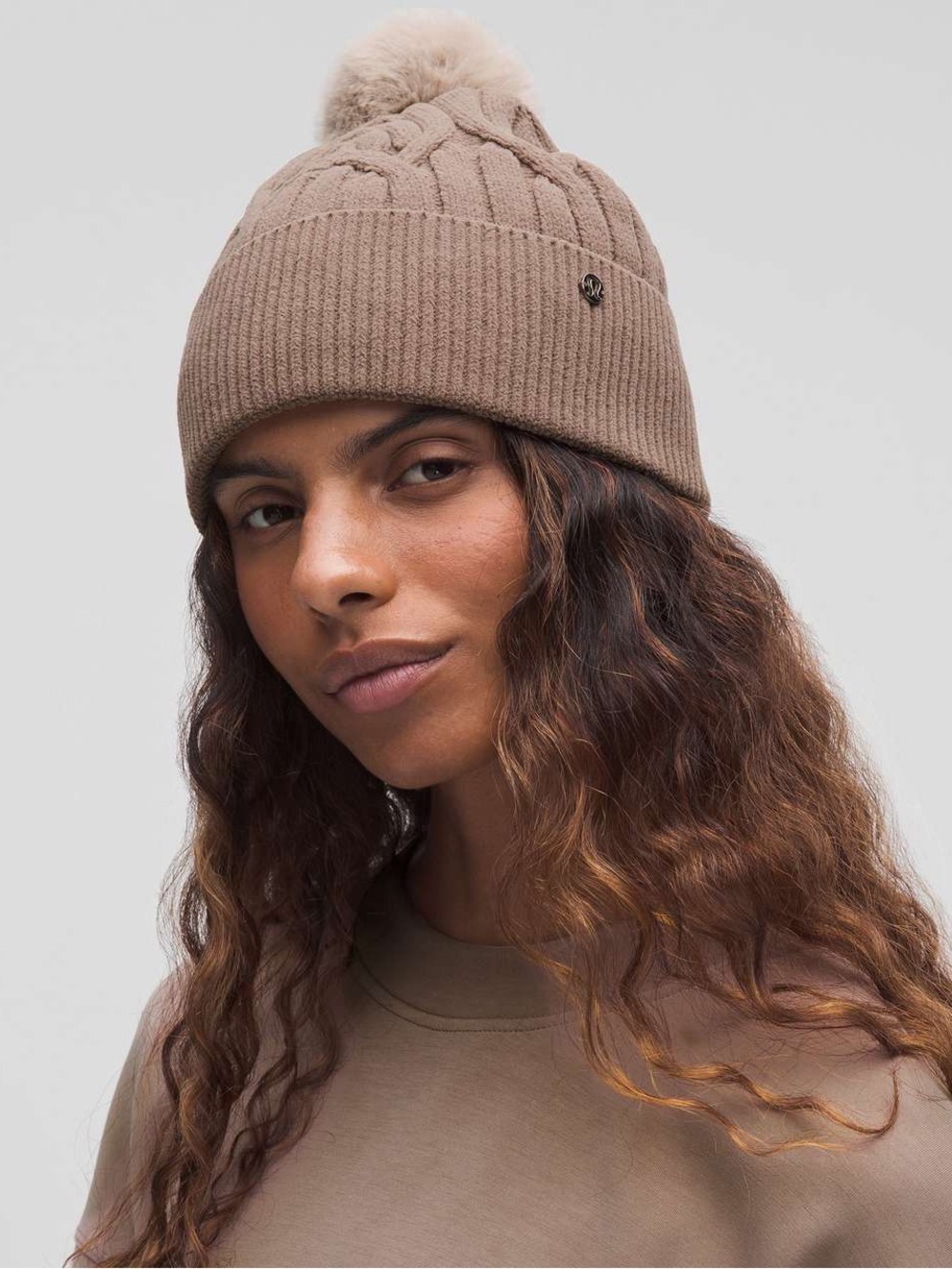 lululemon athletica Taupe Cable-Knit Pom Beanie